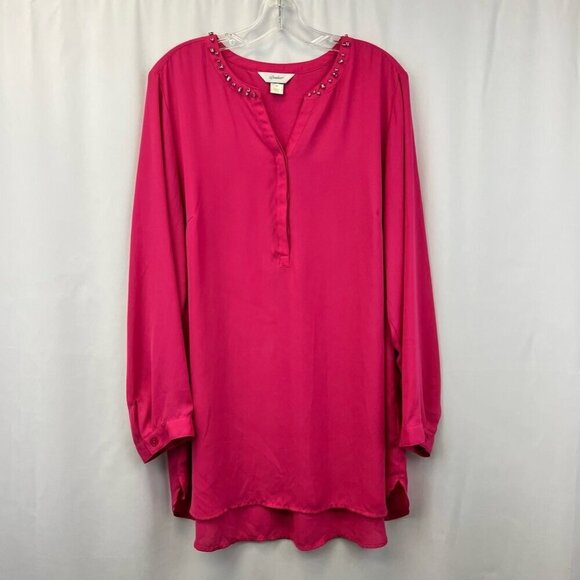 CJ Banks Womens Tunic Top Pink Long Sleeve V Neck High Low Bling Solid Plus 1X - Picture 1 of 12